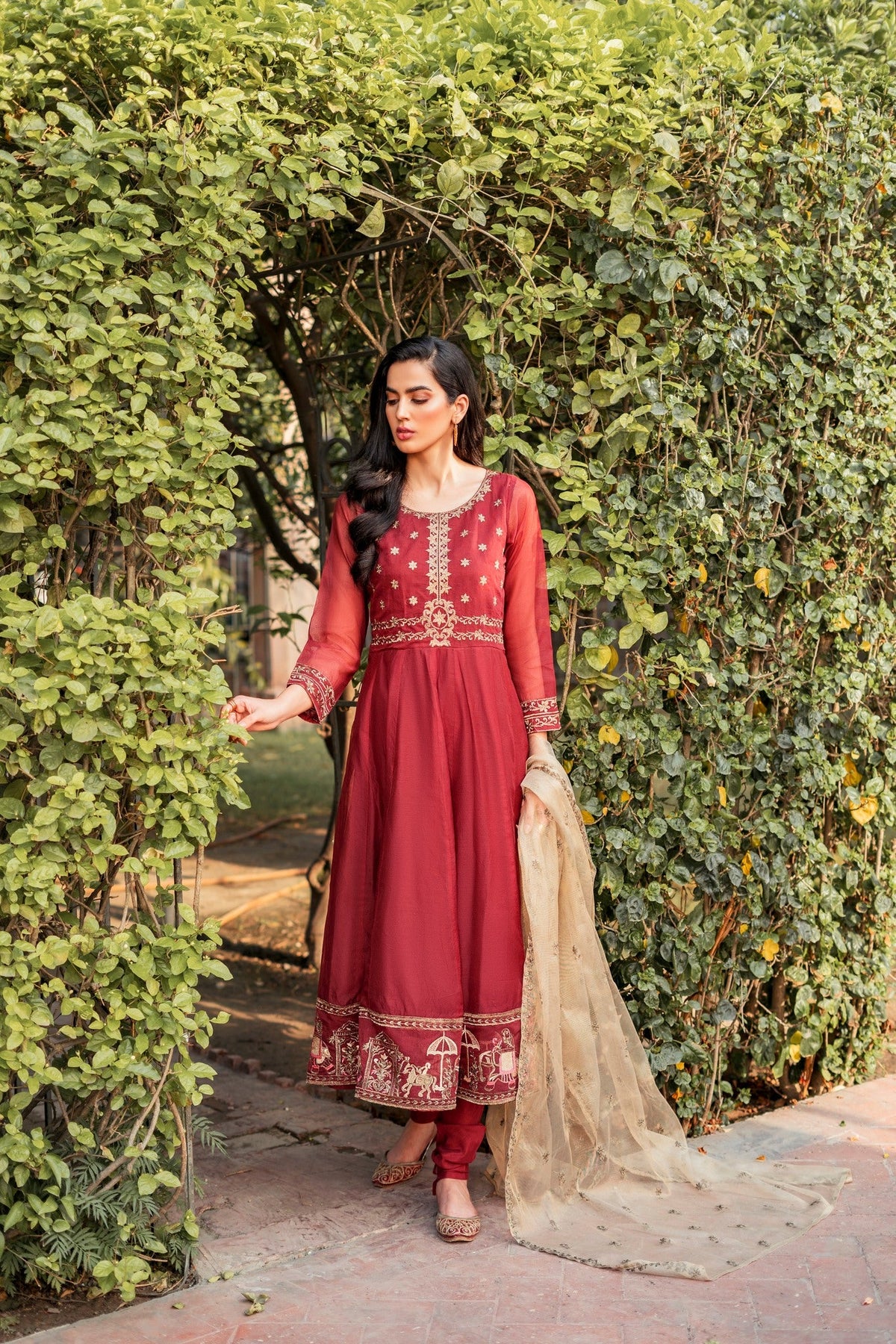 Maroon Embroidered Frock Churidar Pakistani Eid Dress Online – Nameera ...