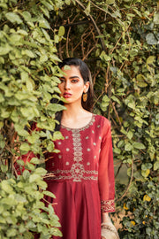 Maroon Embroidered Frock Churidar and Dupatta Pakistani Eid Dress