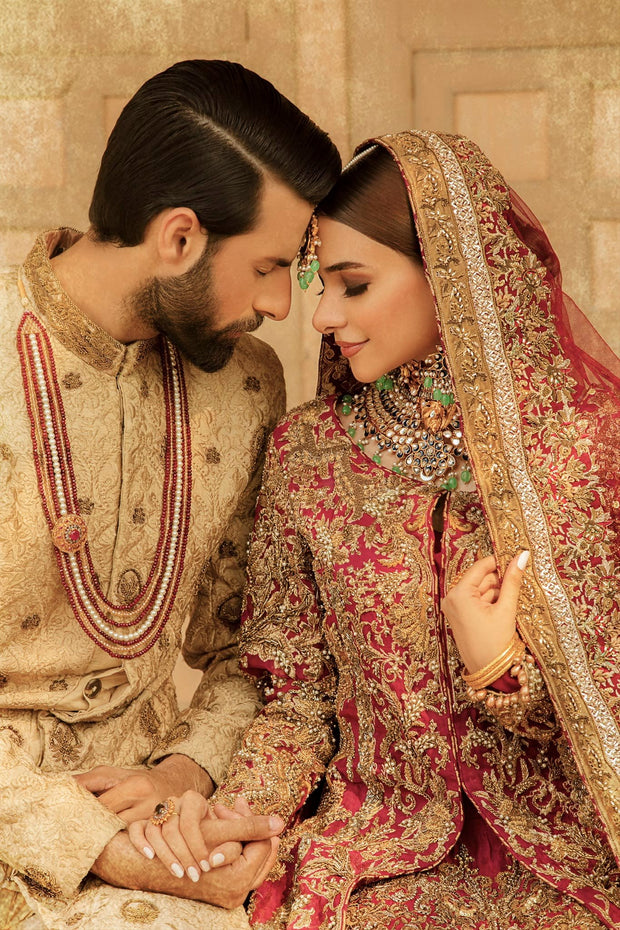 Maroon Golden Kameez Lehenga Pakistani Wedding Dress