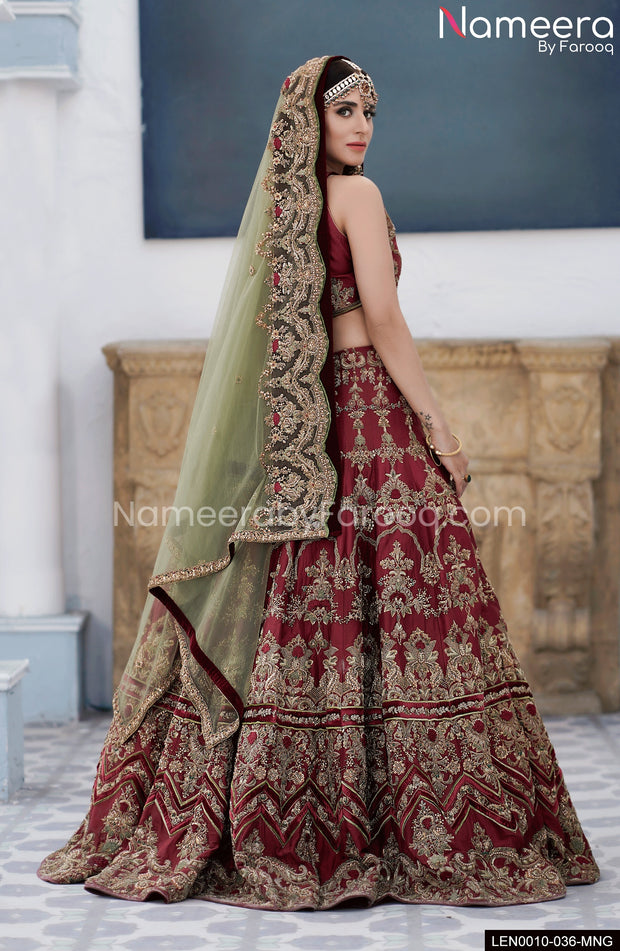Maroon and on sale green bridal lehenga
