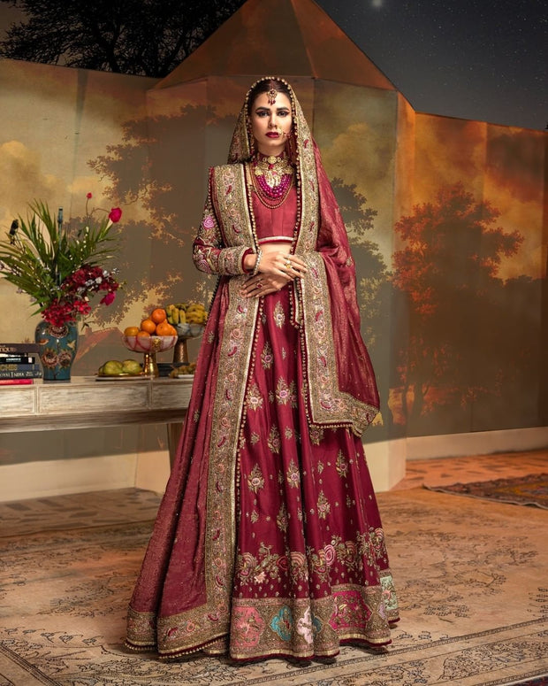 Maroon Pakistani Bridal Dress in Lehenga Choli Style