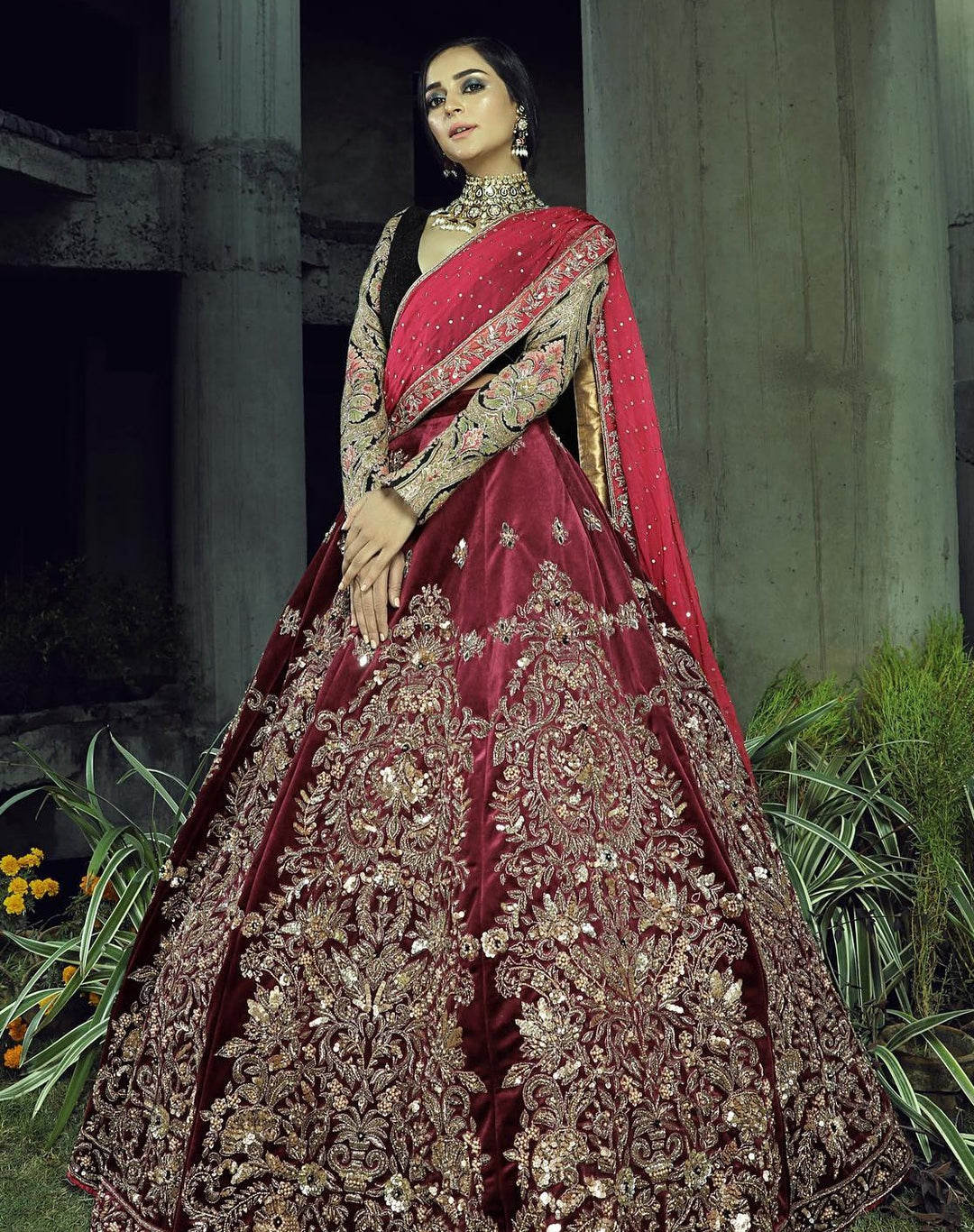 Maroon Velvet Bridal Lehenga Choli 