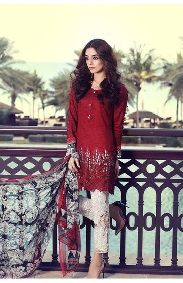 Maroon Jaal Work Lawn Dress Contrast Chifoon Dubatta 