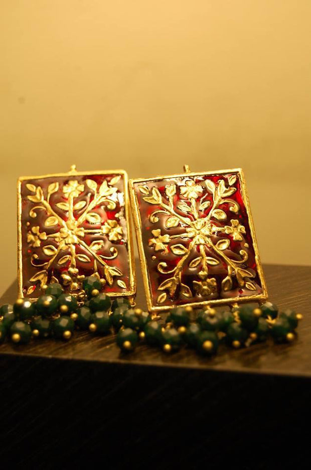 Maroon Meenakari Kundan Earrings