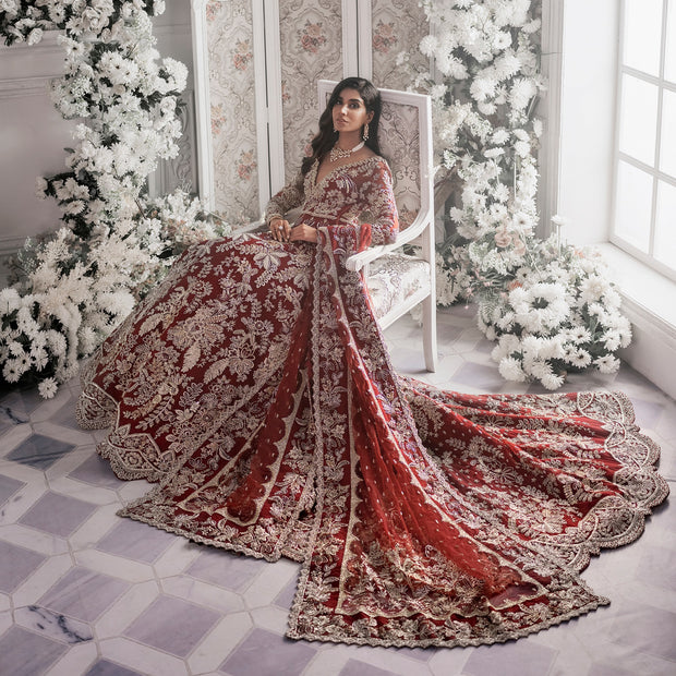 Maroon and Red Lehenga Maxi Dress Pakistani Bridal Wear 2023