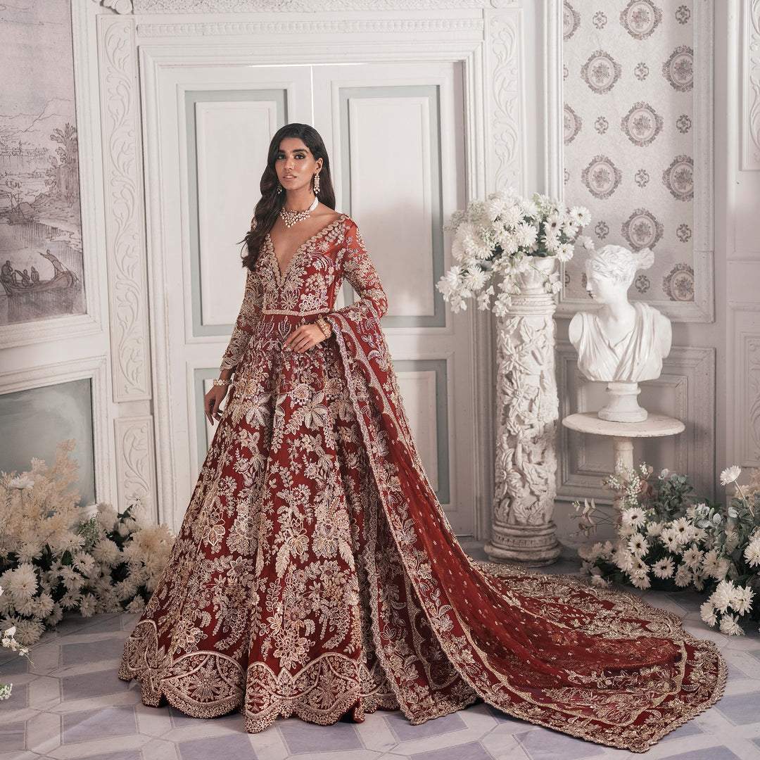 Maroon and Red Lehenga Maxi Dress Pakistani Bridal Wear Nameera by Farooq