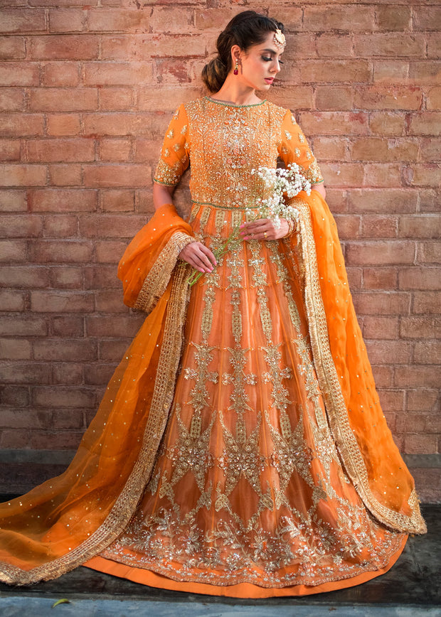 Mehndi Bridal Lehnga Choli in Orange Color