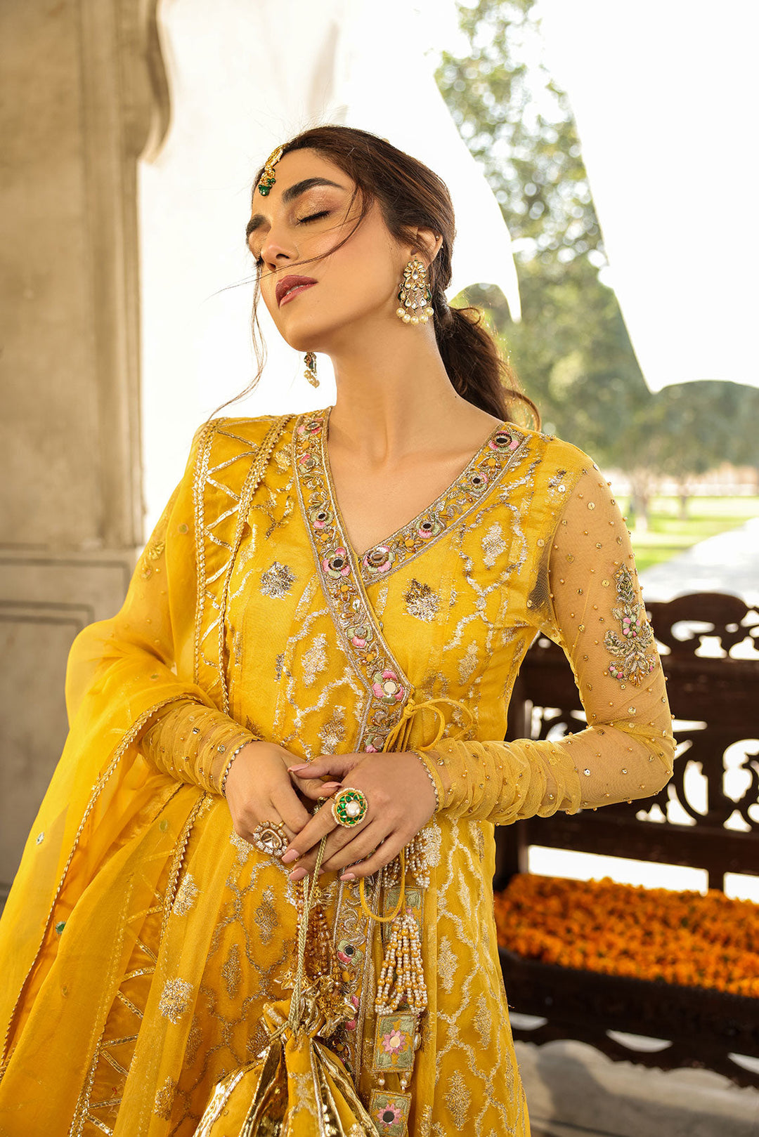 Stunning Yellow Mehndi Angrakha Dress | Pakistani Bridal Dresses