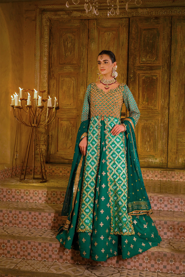 Mehndi Dress in Green Lehenga and Open Kameez Style