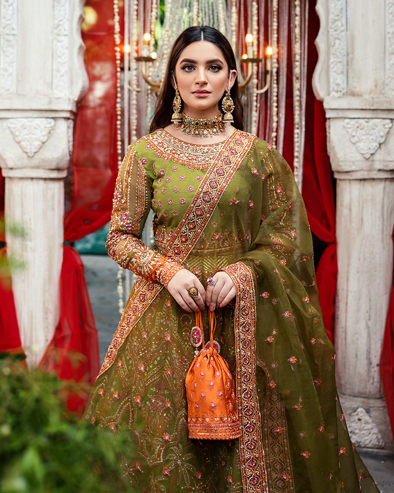 Mehndi Dress in Wedding Lehenga Choli and Dupatta Style Nameera by Farooq