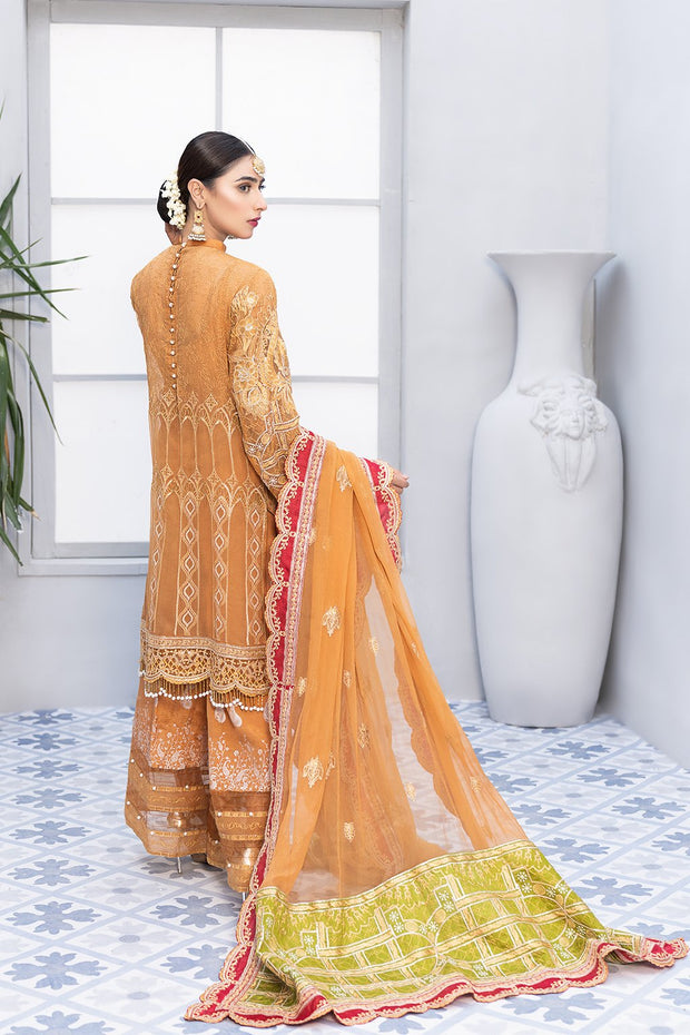Mehndi Festive Chiffon Suit in Mustard Color Backside Look