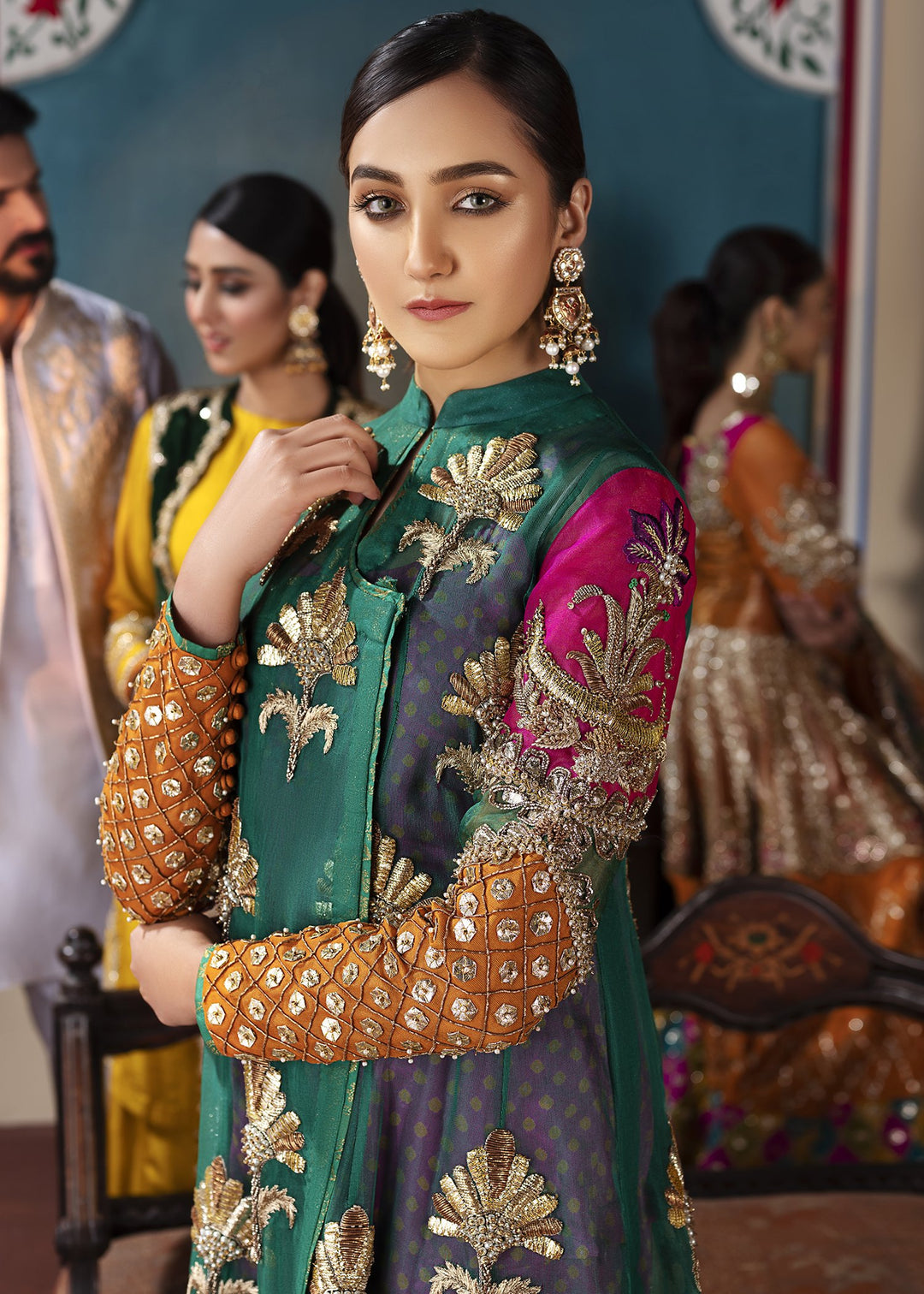 Mehndi Party Dress in Sea Green Color Close Up