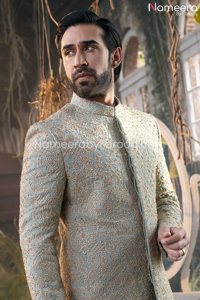 Buy Pakistani Men's Wedding Sherwani with Embroidery Online – Nameera ...