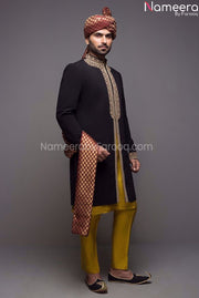 Mens Pakistani Sherwani Short in Black Color 2021 Side Pose