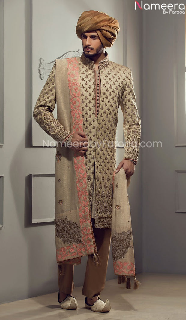 Buy Cream Greyish Blue Embroidery Work Art silk Trendy Sherwani Online