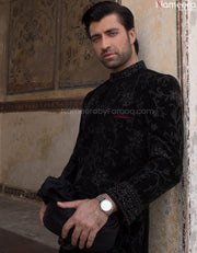 Black Sherwani in Corduroy Fabric with Turban #GN24