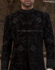 Black Sherwani in Corduroy Fabric with Turban #GN24