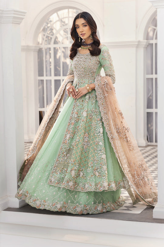 Mint Green Lehenga with Front Open Gown Pakistani Dress Nameera by Farooq Mint Green Lehenga with Front Open Gown Pakistani Dress Nameera by Farooq