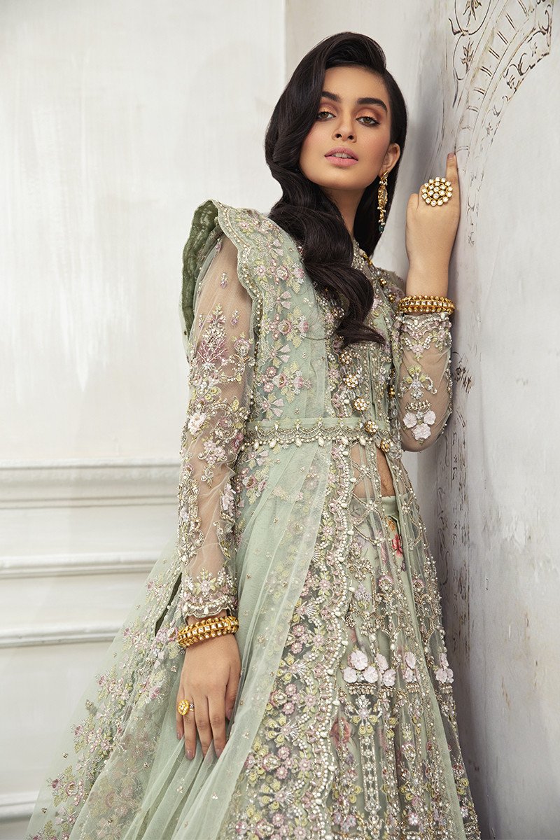 Mint Green Lehenga with Front Open Gown Pakistani Dress MEDIUM