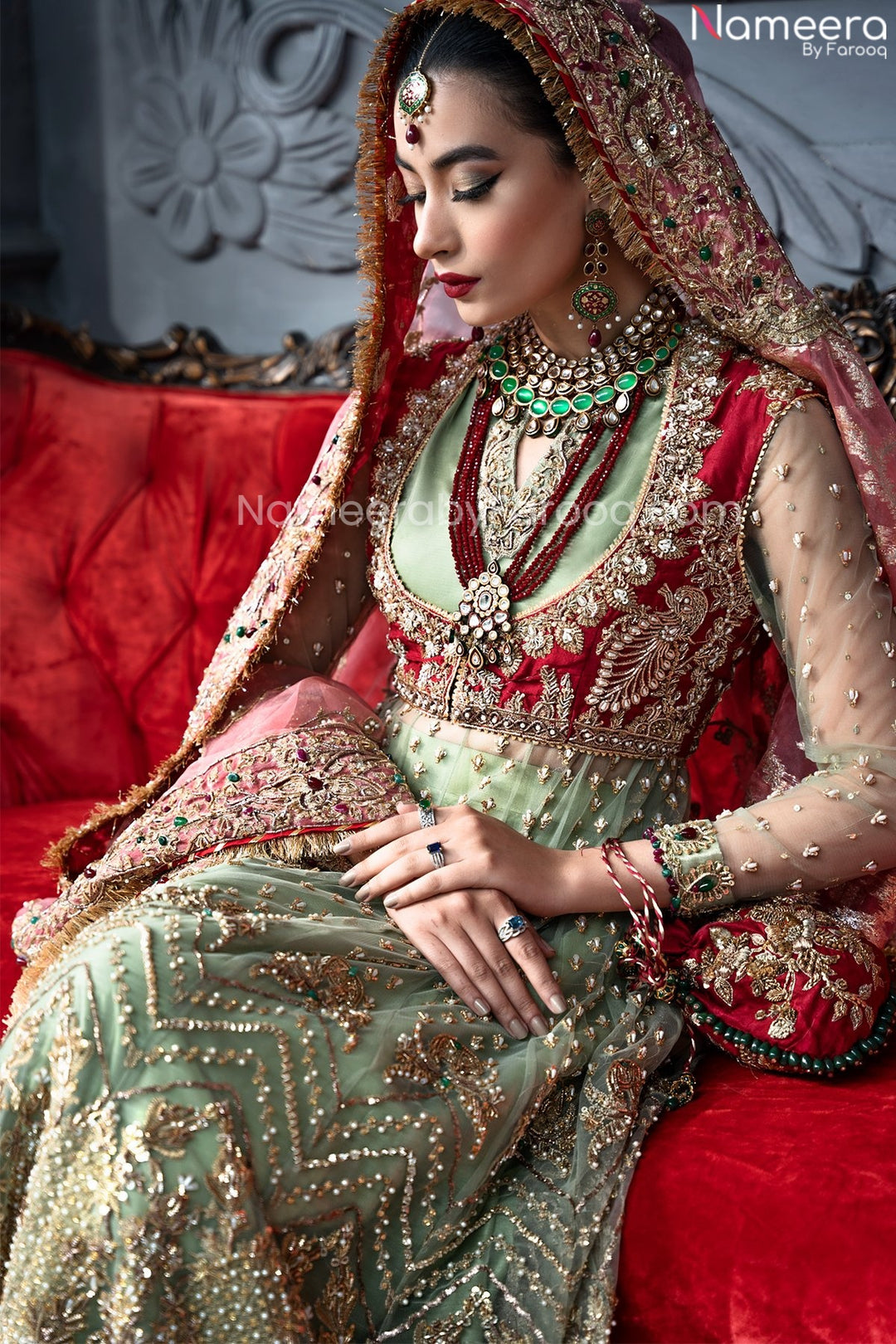 Heavy Mint Green Walima Dress for Bridal Wear in Mughlai Style – Nameera by  Farooq