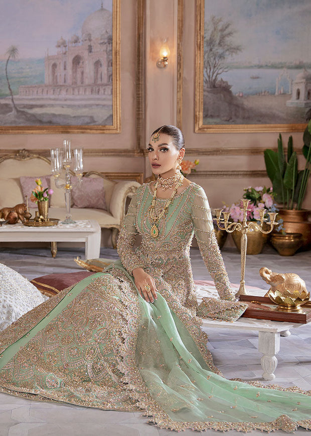 Mint Wedding Lehenga with Front Open Gown Pakistani Online