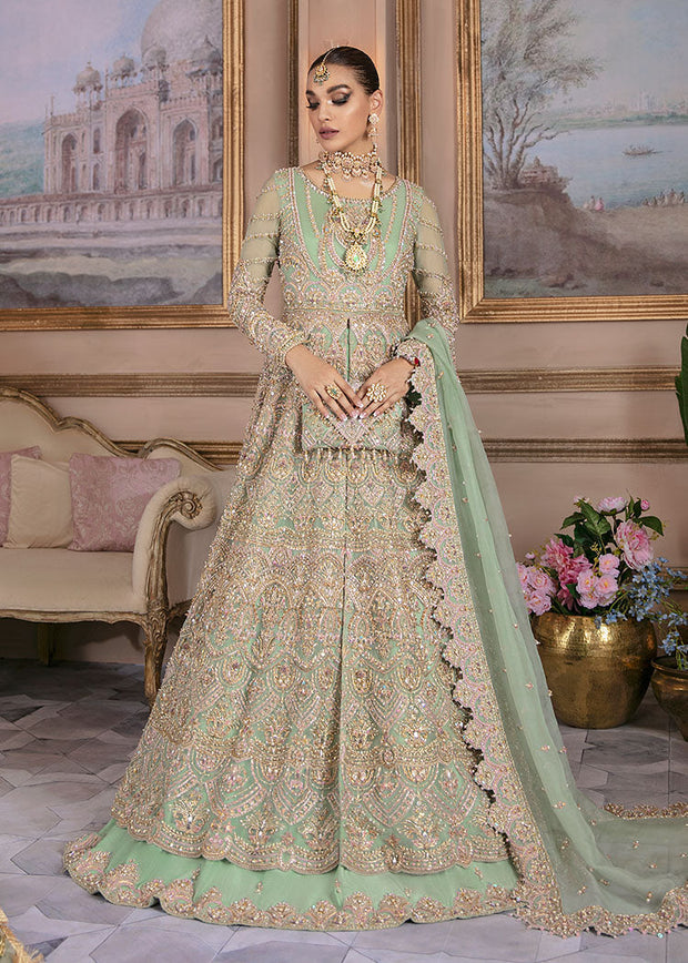 Mint Wedding Lehenga with Front Open Gown Pakistani