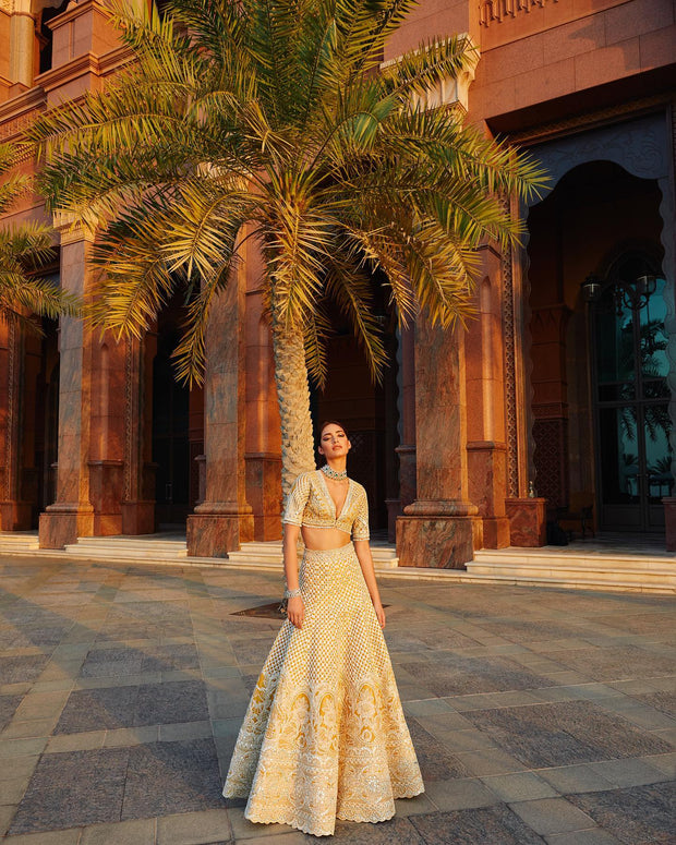 Mint Yellow Lehenga Skirt Bridal Dress 