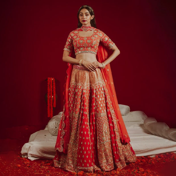 Mirror-worked Orange Lehenga Choli and Dupatta