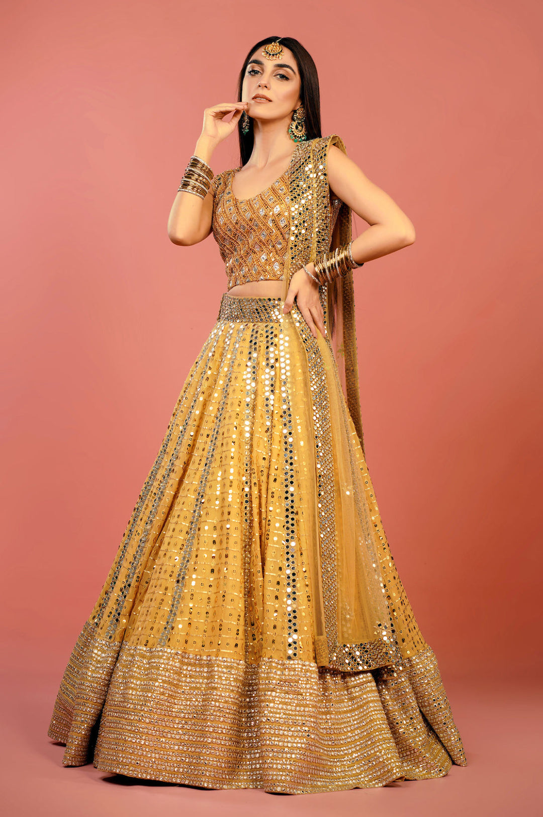 Mirror worked Pakistani Bridal Yellow Lehenga Choli Dupatta Nameera by Farooq