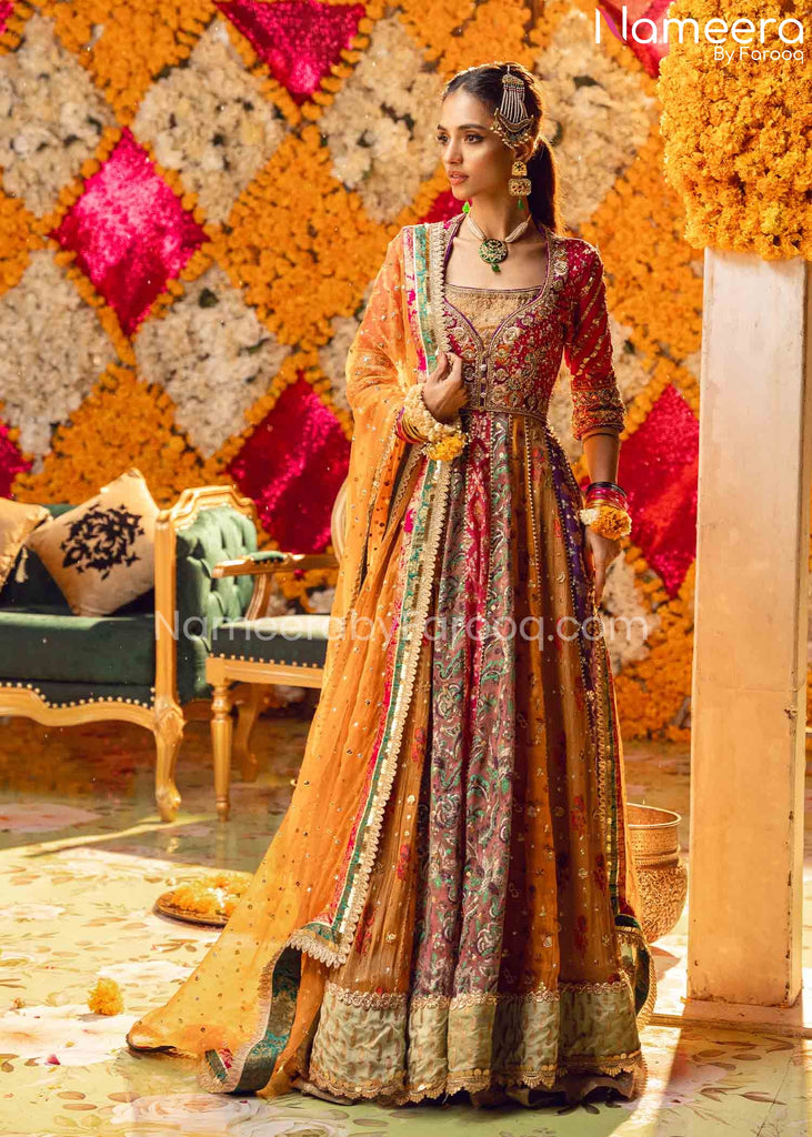 Multi Color Mehndi Dress in Traditional Pishwas Style Online Nameera by Farooq
