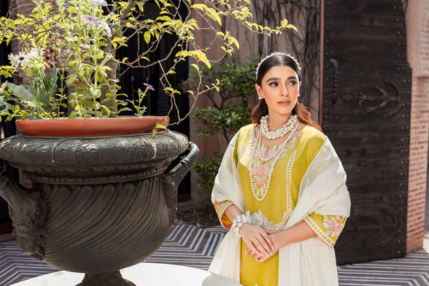 Mustard Embroidered Kameez Trouser and Dupatta Pakistani Eid Dress