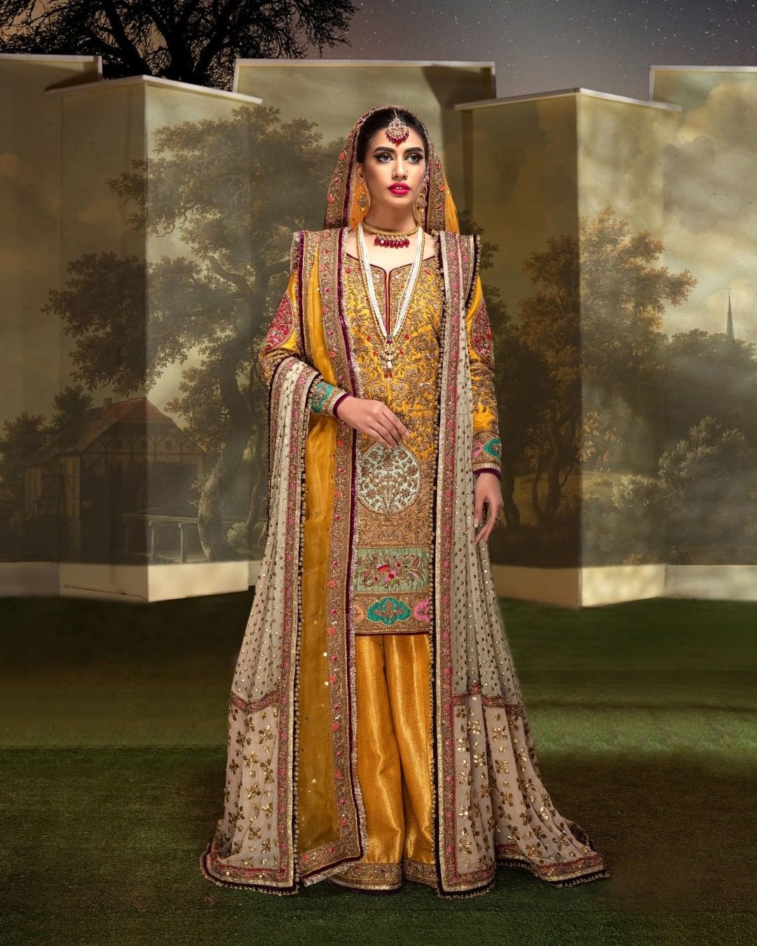 Stunning Mustard Jamawar Sharara Kameez - Pakistani Bridal Dress