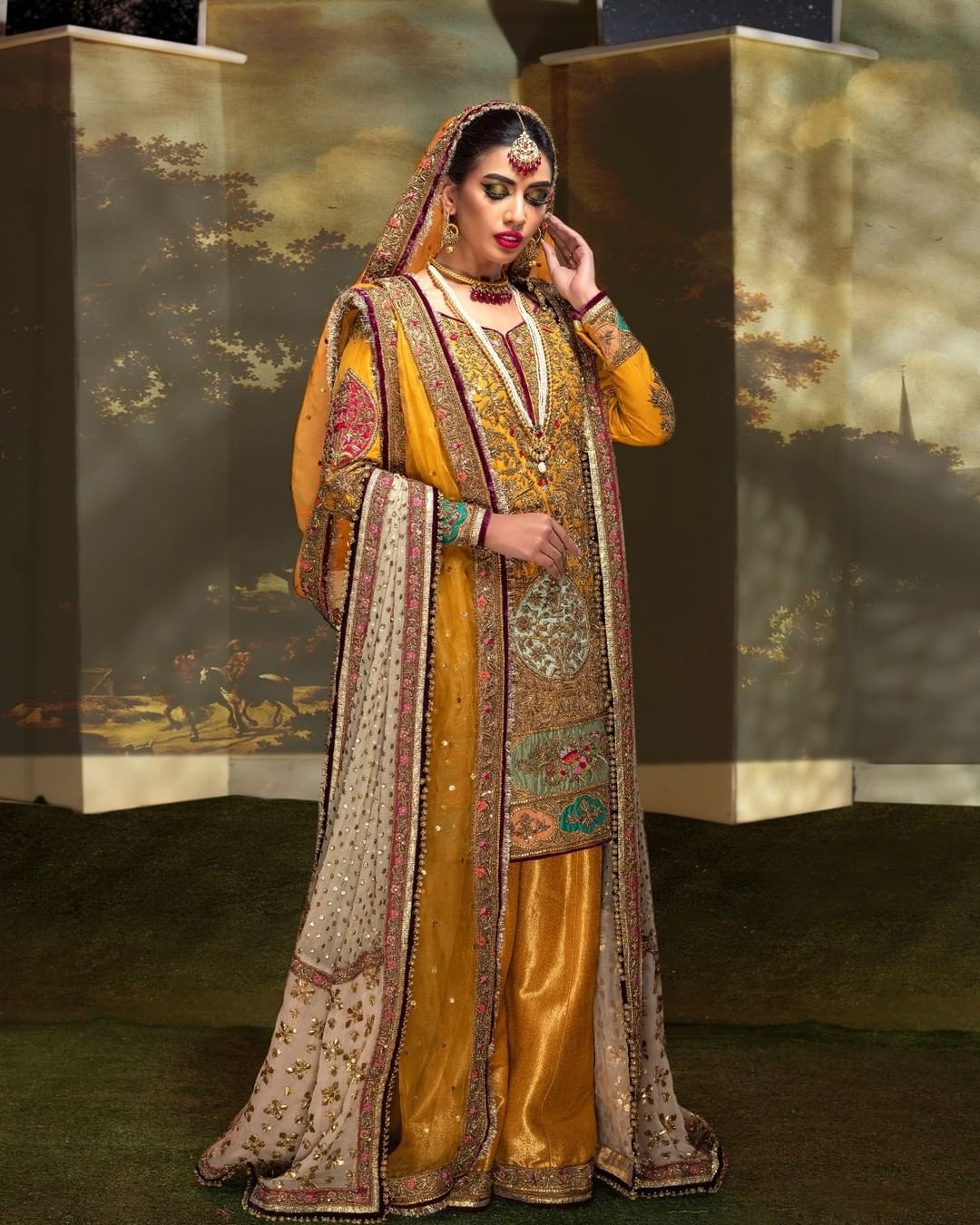 Stunning Mustard Jamawar Sharara Kameez - Pakistani Bridal Dress