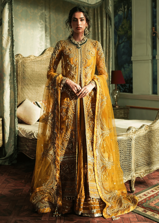 Mustard Pakistani Bridal Dress in Sharara Kameez Style