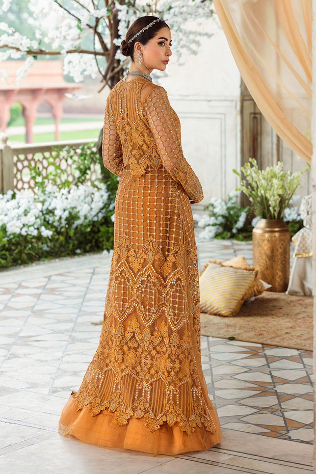 Mustard Silk Net Embroidered Pishwas Pakistani Eid Wear 2023