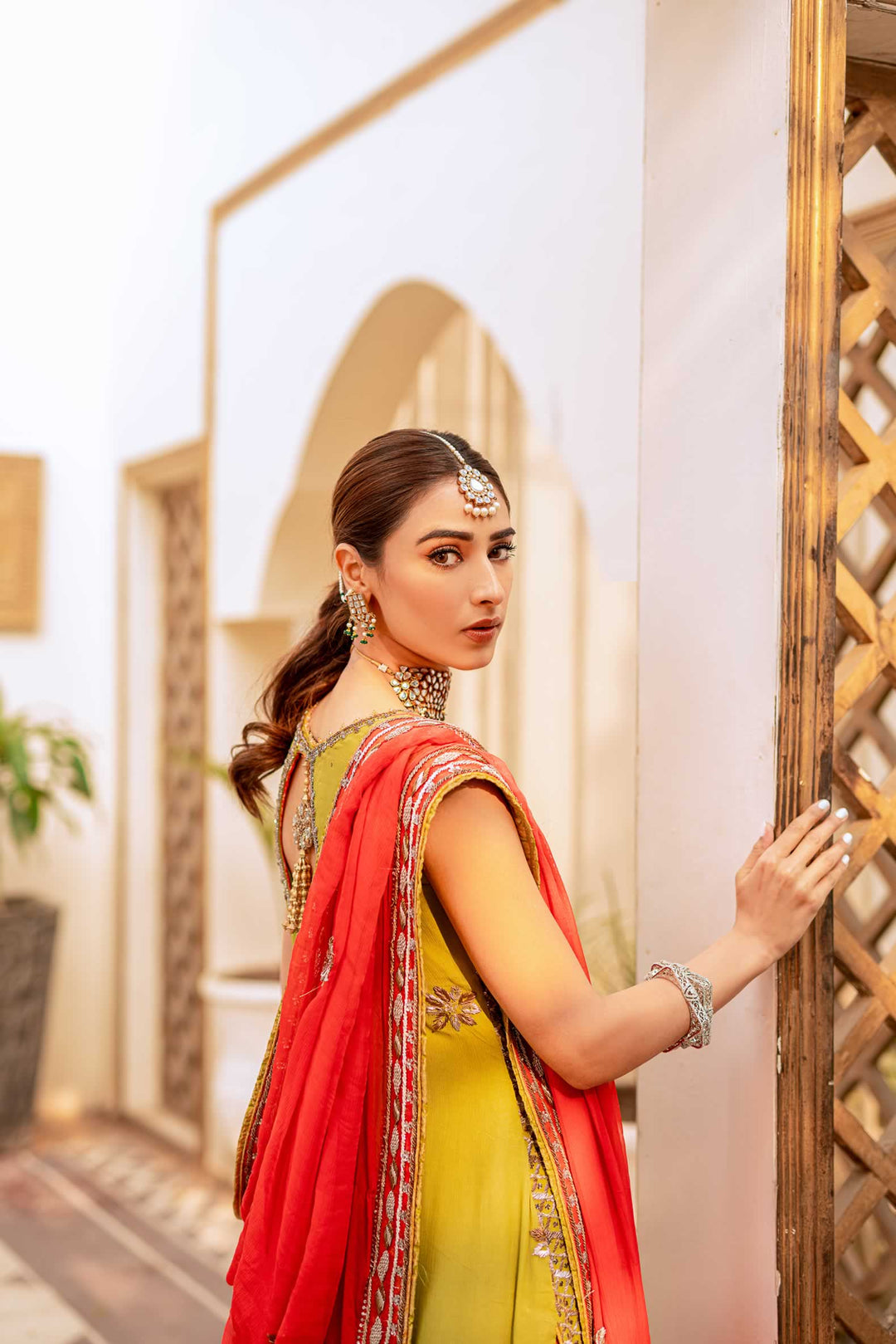 Mustard Yellow Kameez with Orange Lehenga Mehndi Dress