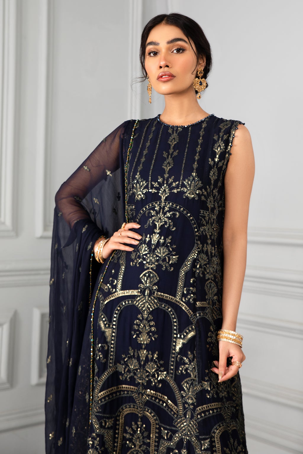 Navy Blue Pakistani Dress with Fine Embroidery 2022