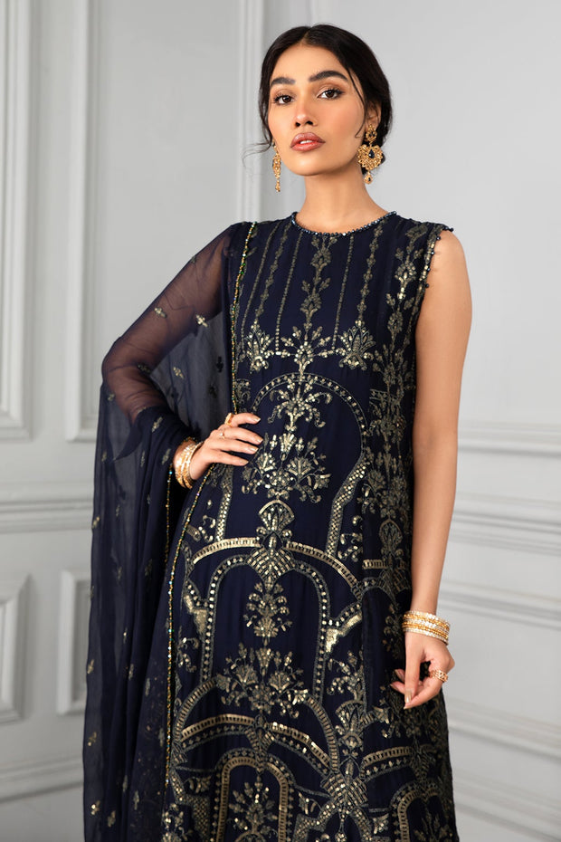 Navy Blue Pakistani Dress with Fine Embroidery 2022