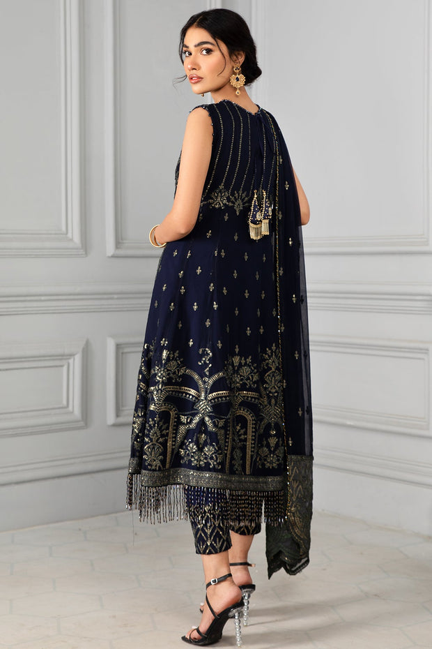 Navy Blue Pakistani Dress with Fine Embroidery Latest