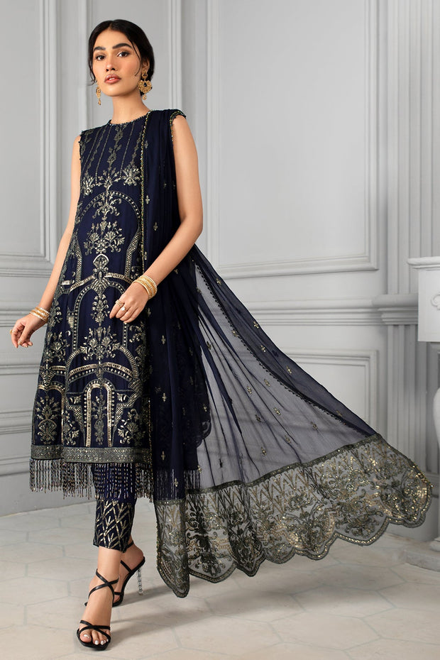 Navy Blue Pakistani Dress with Fine Embroidery Online