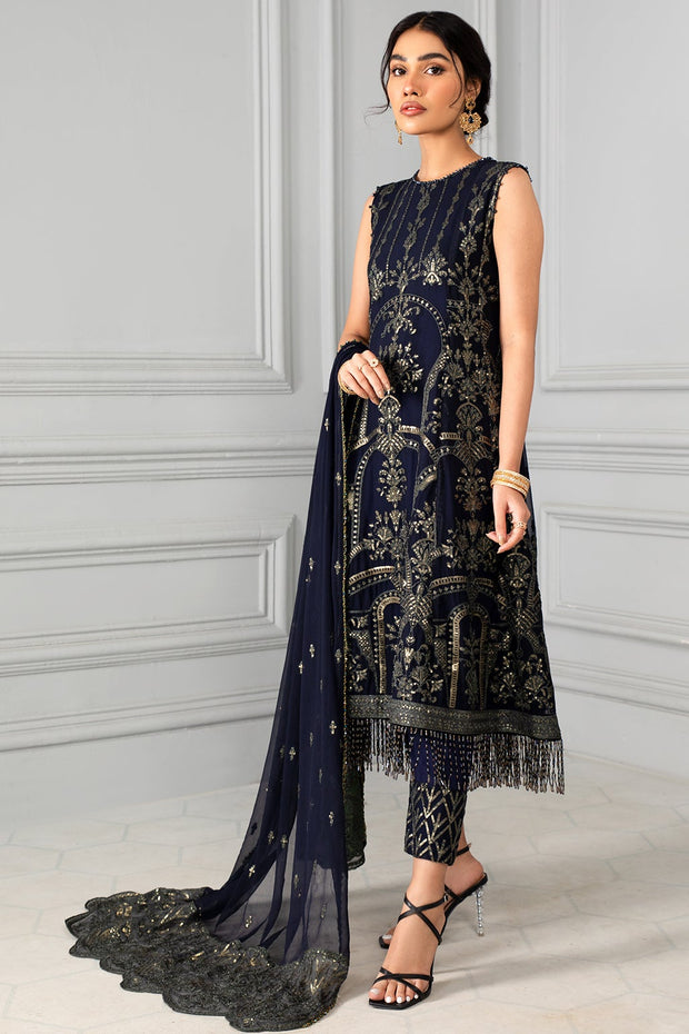 Navy Blue Pakistani Dress with Fine Embroidery