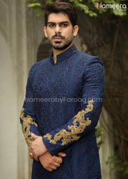 Navy Blue Sherwani for Groom with Dabka Embroidery 