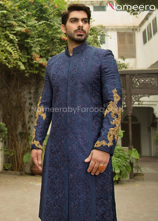 Navy Blue Sherwani for Groom with Dabka Embroidery Front Look