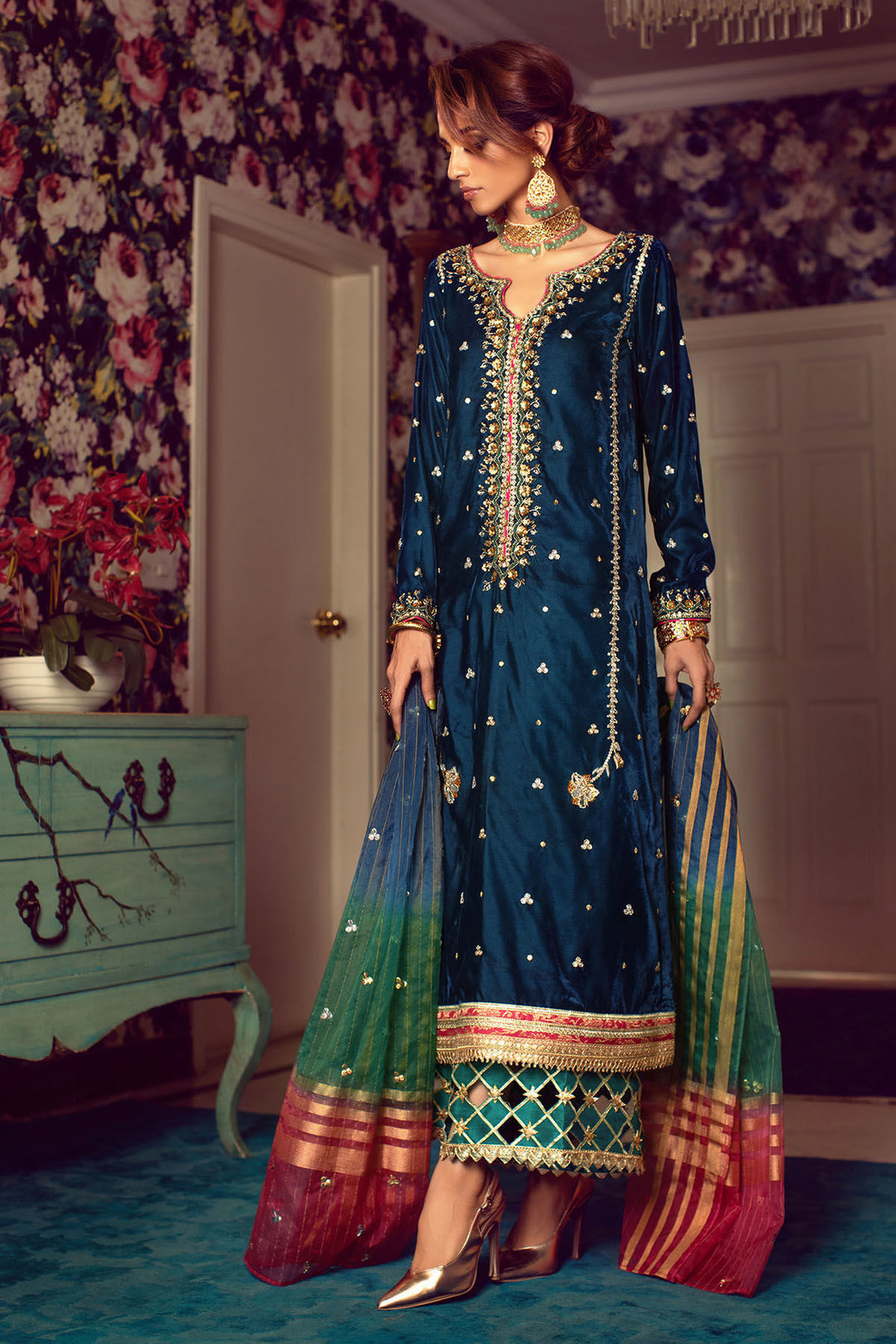Navy Blue Velvet Pakistani Dress in Capri Kameez 2022