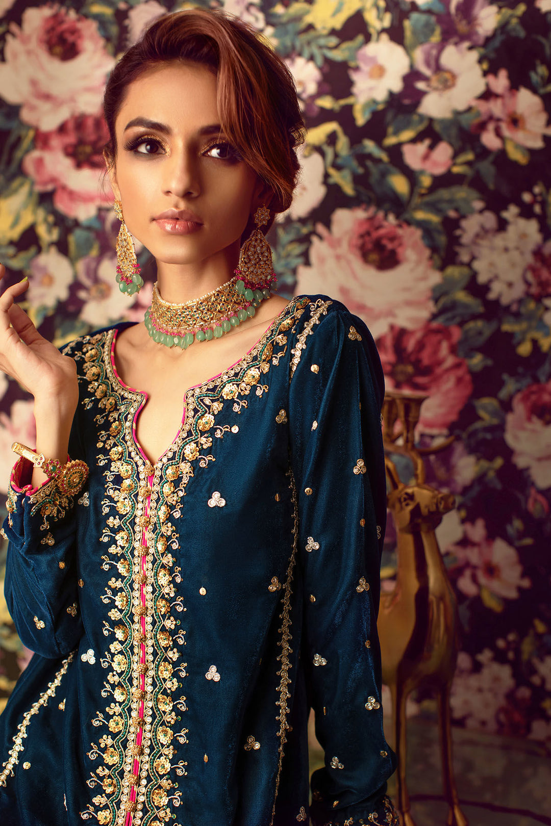 Navy Blue Velvet Pakistani Dress in Capri Kameez for Wedding Party – Nameera by Farooq