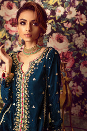 Navy Blue Velvet Pakistani Dress in Capri Kameez Style