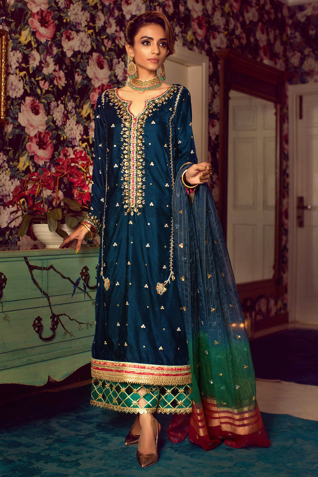 Navy Blue Velvet Pakistani Dress in Capri Kameez for Wedding Party Nameera by Farooq Navy Blue Velvet Pakistani Dress in Capri Kameez for Wedding Party Nameera by Farooq