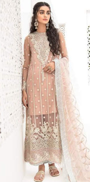 Net Embroidered Party Wear in Peach Color