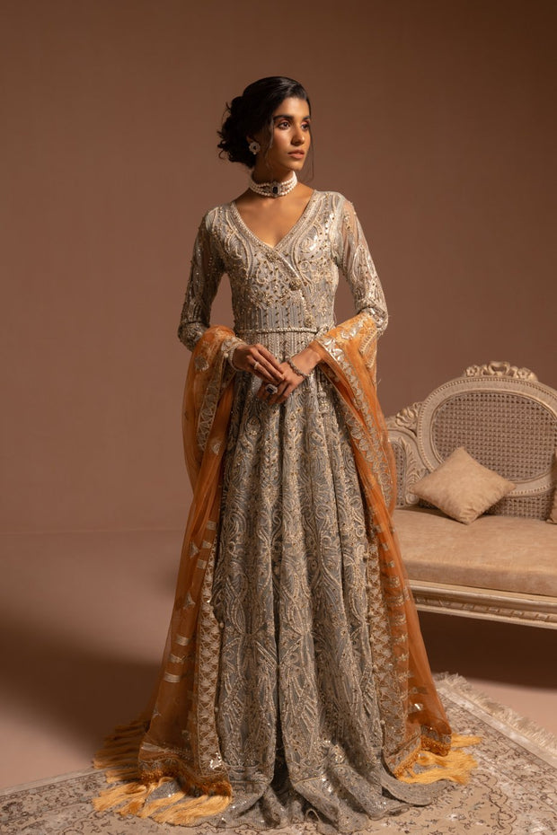 Net Embroidered Silver Maxi for Wedding