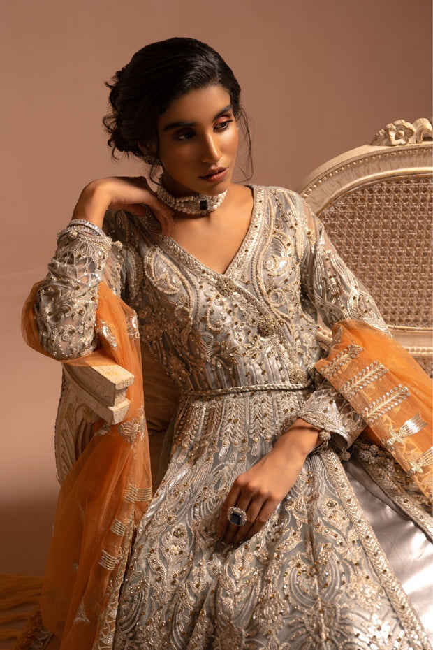 Net Embroidered Silver Maxi for Wedding